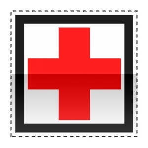 Idéogramme annonçant la présence d'un hôpital. Une croix de couleur rouge indique que cet hôpital assure les urgence.
