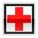 Idéogramme annonçant la présence d'un hôpital. Une croix de couleur rouge indique que cet hôpital assure les urgence.