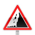 Panneau de danger annonçant un risque de chute de pierres ou la présence sur la route de pierres tombées
