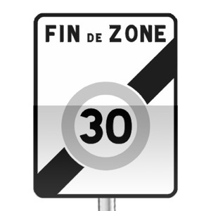 Panneau prescription zone, sortie d'une zone à vitesse limitée à 30 km/h