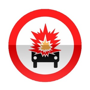 Symbole de signalisation avancée d’une direction interdite aux véhicules transportant des marchandises explosives ou facilement inflammables
