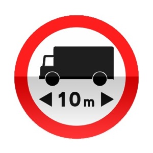 Symbole de signalisation avancée d’une direction interdite aux véhicules affectés au transport de marchandises dont la longueur est supérieure au nombre indiqué